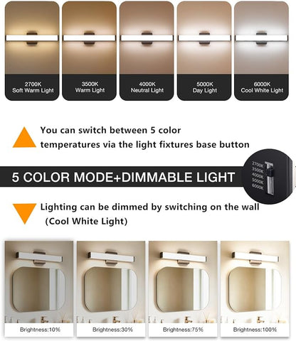 16" LED Bathroom Vanity Light, 10W 5CCT Dimmable, Brushed Black | Wall Bar Light, Rust & Moisture Resistant, Dimmable 2700K-5000K, Energy-saving, moisture-proof, Dresser Bathroom over Mirror