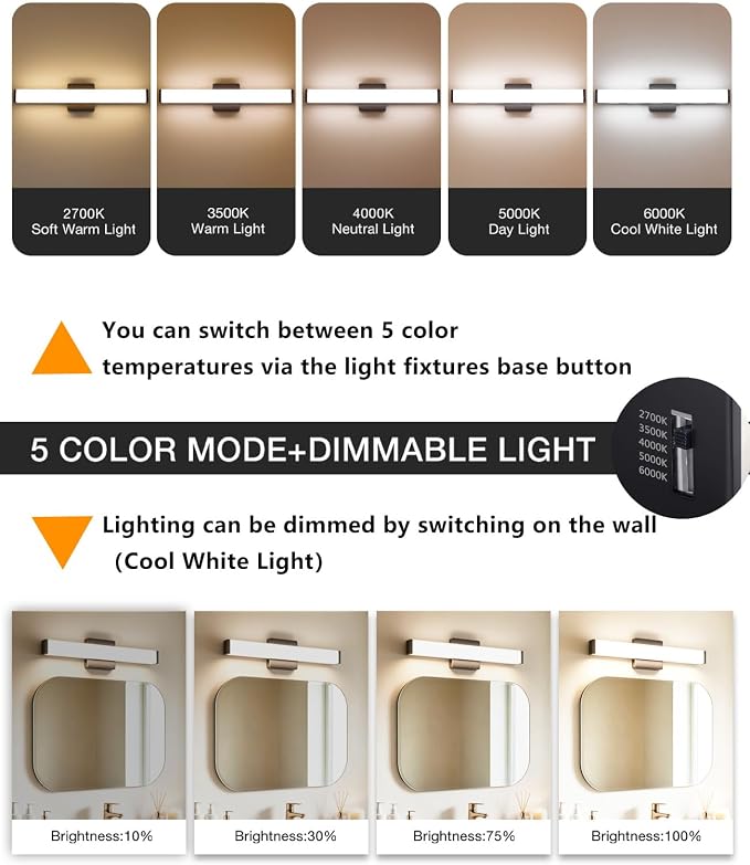 24" LED Vanity Light, 14W 5CCT Dimmable, Brushed Balck | Wall Bar Light, Rust & Moisture Resistant, Dimmable 2700K-5000K, Energy-saving, moisture-proof, Dresser Bathroom over Mirror