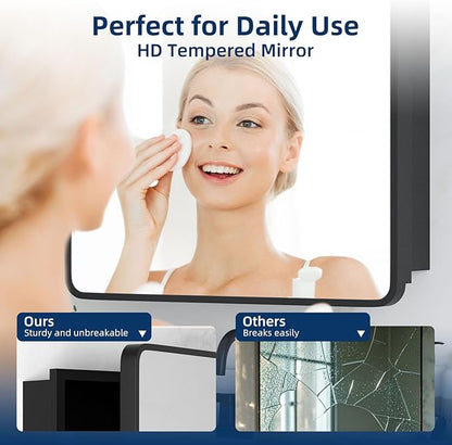 Medicine Cabinet with Mirror, 20x26 Inch Black Bathroom Mirrored Cabinet, Metal Framed Wall Cabinet with Beveled Mirror, Modern Surface Mount or Recessed Medicine Cabinet with Storage
