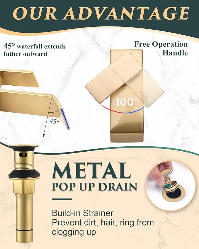Brushed Gold Tall Waterfall Vessel Sink Faucet – Single Hole 304 Stainless Steel Bathroom Faucet with Metal Pop-Up Drain, High Arc Spout for Modern Vanities