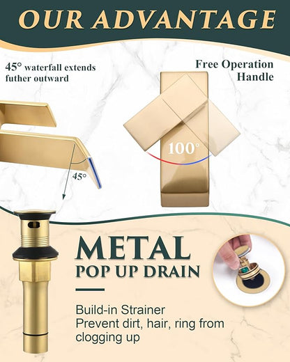 Brushed Gold Tall Waterfall Vessel Sink Faucet – Single Hole 304 Stainless Steel Bathroom Faucet with Metal Pop-Up Drain, High Arc Spout for Modern Vanities