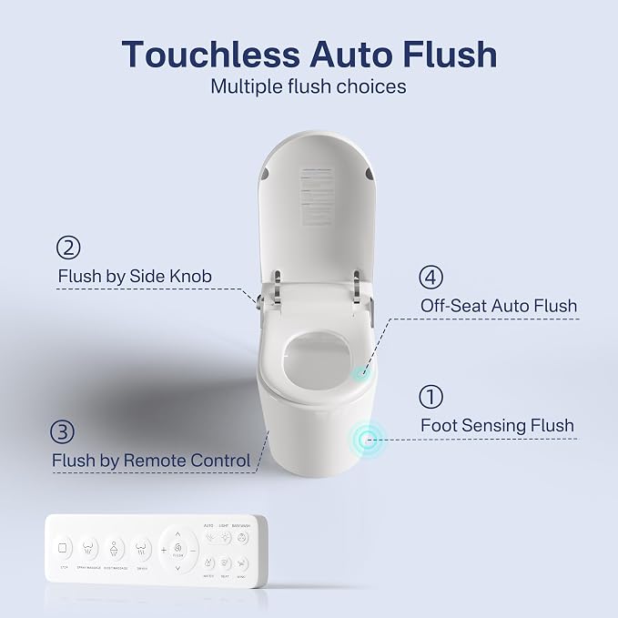 One Piece Smart Bidet Toilet, Foot Sensor Flush, Heated Seat | Instant Warm Water, Wash & Dry, Self Cleaning Wand, Adjustable Wash Settings, Off Seat Auto Flush, Pre Wet, Night Light