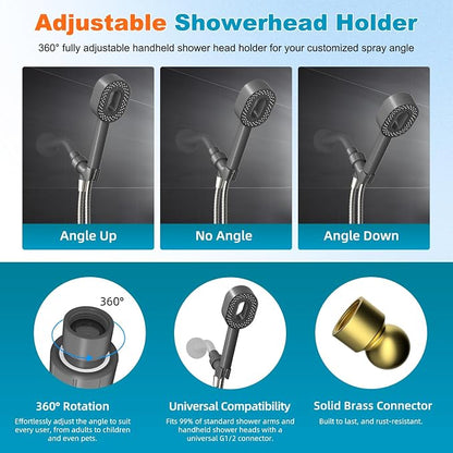 Hibbent Filtered Handheld Showerhead with 3 Filters, 5 Sprays Shower Head | Gray High Pressure Shower Heads, Brass Holder & 71" Metal Hose, Water Soft Filter Remove Chlorine, Reduce Dry Itchy Skin