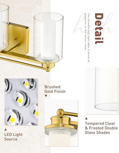 HWH 3-Light Bathroom Vanity Light, Clear Glass, Dimmable, 5HLT63B-3W-LED BG | 5CCT, Brushed Gold, 18W, Bathroom Light Fixtures Antique Brass Vanity Light, Vanity Lights, Dimmable Integrated LED Lighting