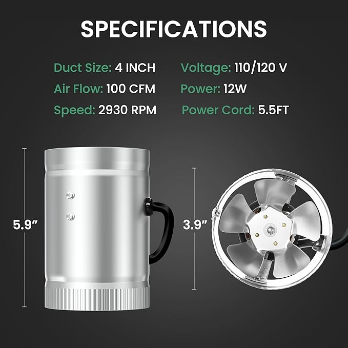 iPower 4 Inch Inline Booster Duct Fan 100 CFM HVAC Exhaust Ventilation Blower with Low Noise for Grow Tent, Basements, Bathrooms, Kitchens and Attics, 2 Packs, Silver