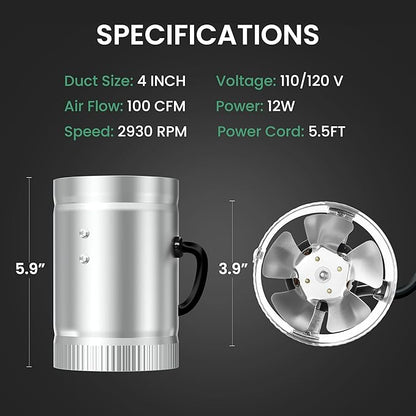 iPower 4 Inch Inline Booster Duct Fan 100 CFM HVAC Exhaust Ventilation Blower with Low Noise for Grow Tent, Basements, Bathrooms, Kitchens and Attics, 2 Packs, Silver