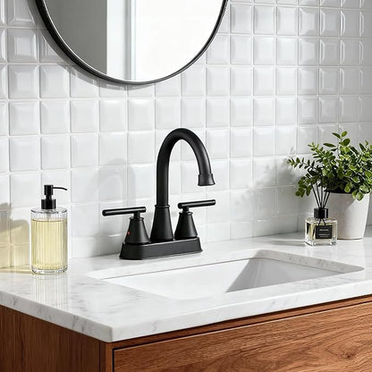 Bathroom Sink Faucet 4 Inch 2 Handle Centerset Matte Black Lead-Free Modern Bathroom Faucet Vanity Faucet with Pop-up Drain Stopper and Supply Hoses