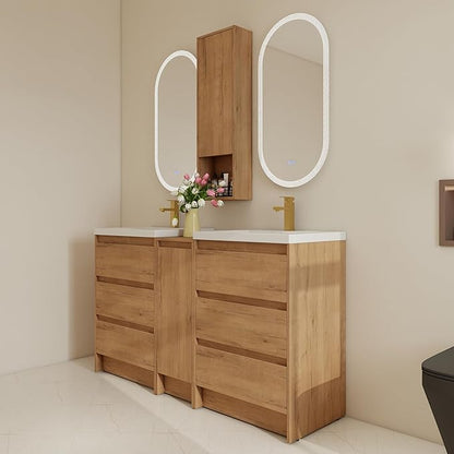 60" Bathroom Vanity Set, 60 Inch Modern Freestanding Vanity with 6 Drawers and 1 Wall-Mounted Side Cabinet, Double Resin Sinks Floor Stand Cabinet Set Imitative Oak