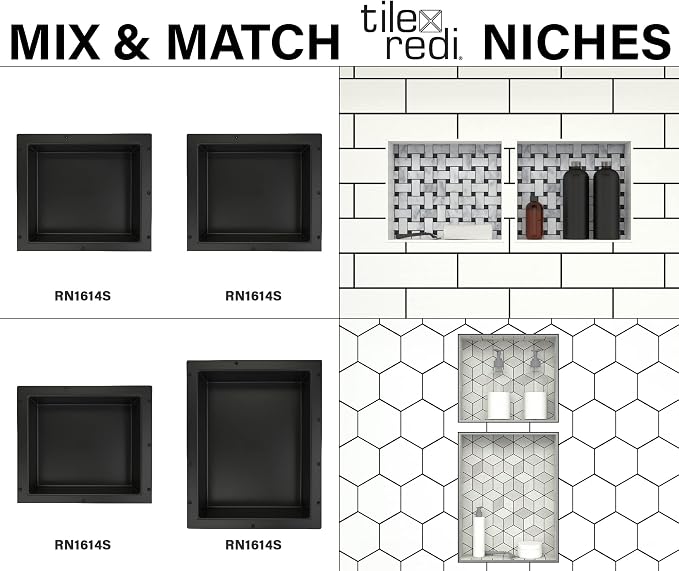 Tile Redi USA Niche Single Recessed Shower Shelf – Black, One Inner Shelf, 16-Inch Width x 14-Inch Height x 4-Inch Depth