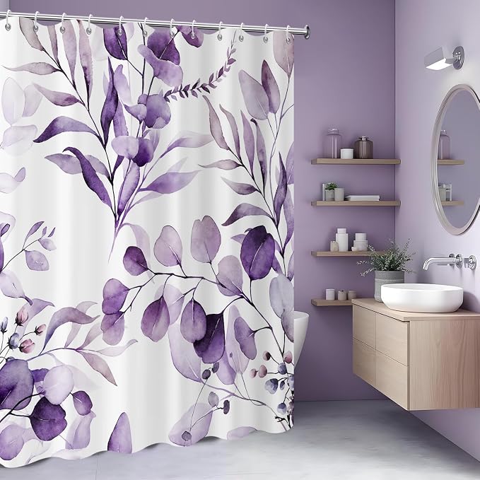 Purple Shower Curtain, Watercolor Eucalyptus Leaves Botanical Plants with Floral Bathroom Curtain Home Bathtub Decor Waterproof Fabric Machine Washable with 12 PCS Hooks,72" Wx84 L