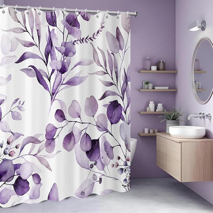 Purple Shower Curtain, Watercolor Eucalyptus Leaves Botanical Plants with Floral Bathroom Curtain Home Bathtub Decor Waterproof Fabric Machine Washable with 12 PCS Hooks,72" Wx84 L