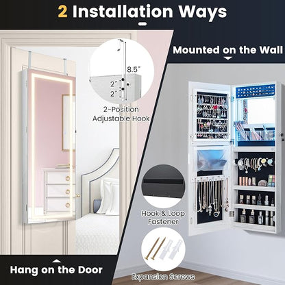 CHARMAID LED Mirror Jewelry Cabinet, Lockable Jewelry Armoire with Adjustable Lighted Full Length Mirror, 3 Lighting Sets, Wall Mounted Door Hanging Jewelry Storage Organizer (Grayish White, 42.5''H)