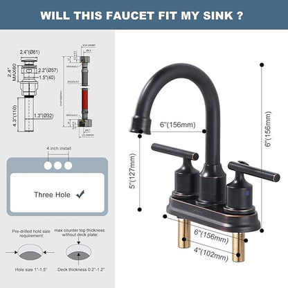 WOWOW Bronze Bathroom Faucet: Centerset, 3 Hole with Drain Stopper, Supply Hoses, 2 Handle, 360 Swivel Spout