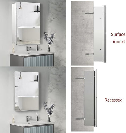 Medicine Cabinet with Mirror of Storage, 22x30 inch Aluminum Bathroom Cabinet, Assembly Needed, Surface Mount or Recessed Wall Cabinet with Adjustable Glass Shelves for Bathroom Bedroom
