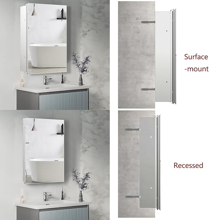Bathroom Medicine Cabinet, 20x26 inch Mirror Cabinet of Aluminum, Assembly Needed, Surface Mount or Recessed, Medicine Cabinet with Mirror, Adjustable Glass Shelves, Waterproof for Bathroom
