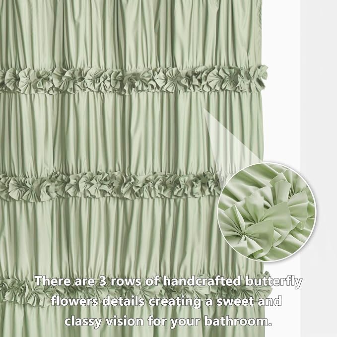 Homechoice Decor Sage Ruffle Shower Curtain, Handcrafted Bow Tie | Vintage Bath Curtain for Master Bathroom, Ruched Microfiber Bathroom Curtain with 12 Buttonholes, 72" W x 72" H (LQ-10)