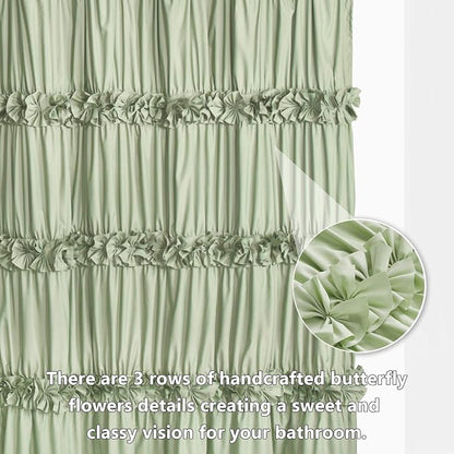 Homechoice Decor Sage Ruffle Shower Curtain, Handcrafted Bow Tie | Vintage Bath Curtain for Master Bathroom, Ruched Microfiber Bathroom Curtain with 12 Buttonholes, 72" W x 72" H (LQ-10)