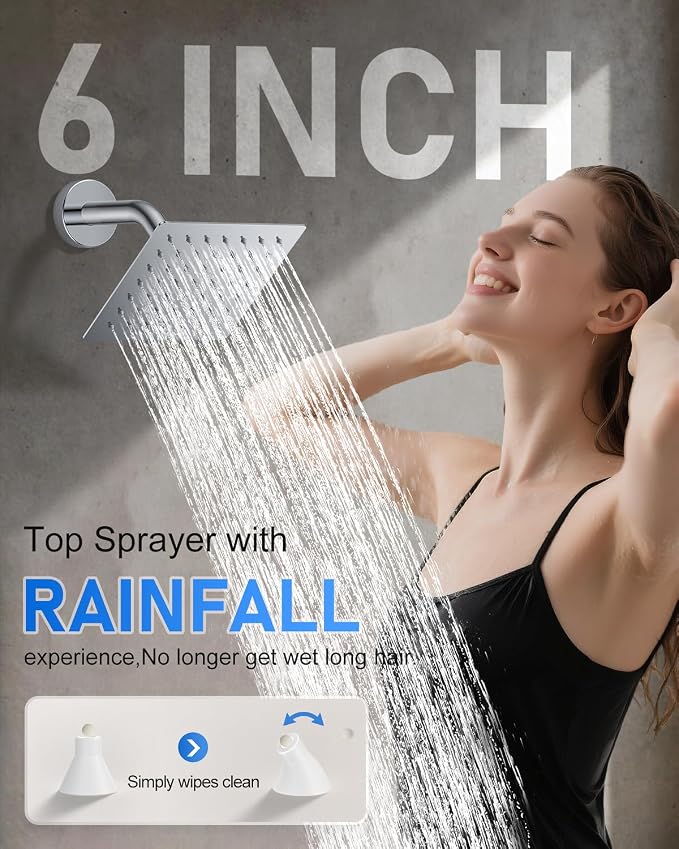 Woindo 4 Function Shower Faucet Set 12" Rain Shower Head/6'' Side Shower Head and 3 Setting Handheld Ceiling Mount Push Button Diverter Complete Rainfall Round Shower System Included Valve Trim Kit