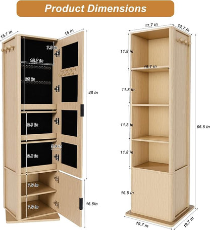 360° Rotating Makeup Jewelry Armoire Cabinet, Mirror Jewelry Cabinet Standing with a Full-Length Mirror, Storage Cabinet a Coat Rack, 4 Layers of Open 2 Layers of Built-In Shelves for Bedroom