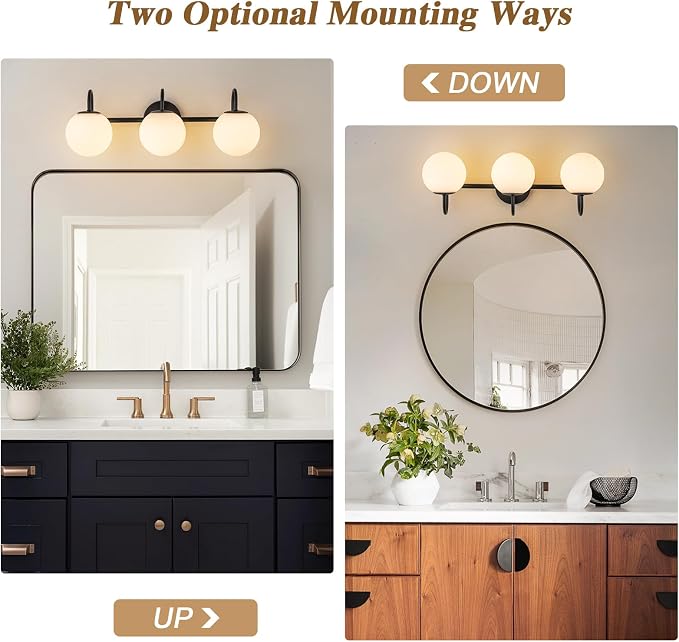 Milk Glass Vanity Light, 22.6" Modern Bathroom Light Fixtures Mid-Century Globe Vanity Light 3-Light Glass Wall Sconce Black | Mid-Century Globe Vanity Light 3-Light Bathroom Vanity Light, Up/Down Mounting Design, Glass Wall Sconce for Bathroom Hallway