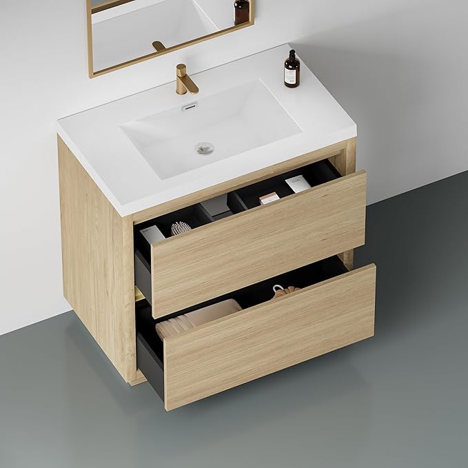 36 Inch Bathroom Vanity with Sink, Single Sink Bathroom Vanity, Freestanding Vanity Bathroom Soft Closed 2 Drawers, Integrated Sink (Natural Oak)