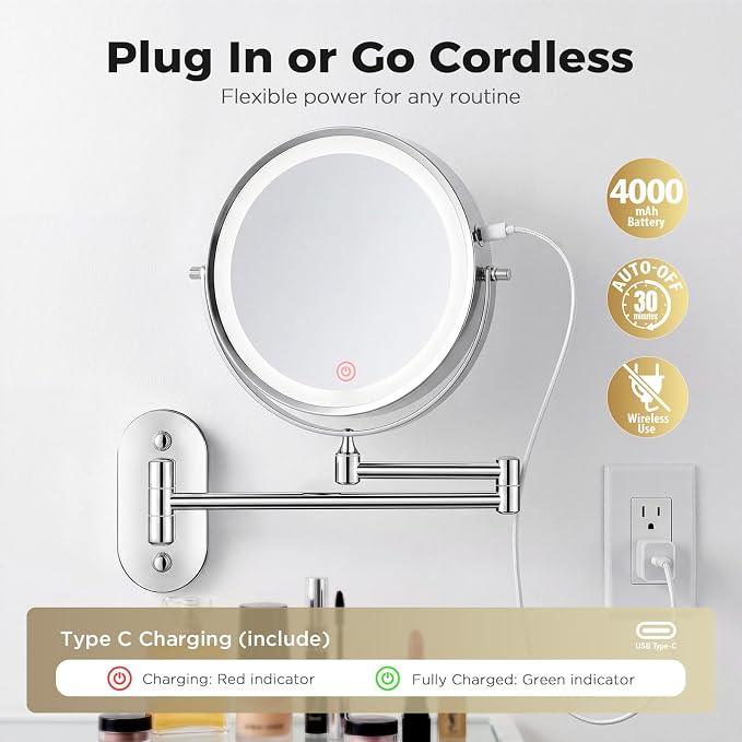 Wall Mounted Makeup Mirror, 8 Inch, 1X/30X, Rechargeable 4000mAh | Double-Sided LED Mirror with Extendable Arm and 360° Swivel for Makeup, Skincare, Shaving, and Bathroom Vanities