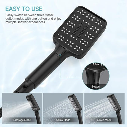 SR SUN RISE Rainfall Dual Shower Head with Adjustable Spray in Matte Black | High pressure double and tandem shower head set features a 12'' rainfall head, handheld spray, and adjustable angles.
