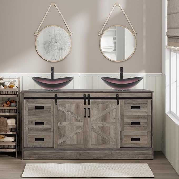 60" Barn Door Bathroom Vanity with 6 Drawers and Two Doors, Farmhouse Style Standing Pedestal Cabinet with Two Pink Boat Glass Vessel Sinks