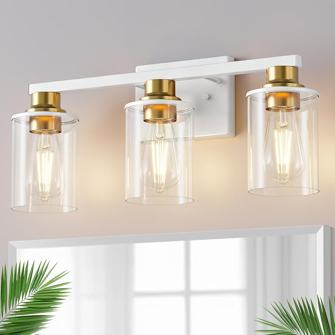 DORESshop 17 Inch 3-Light White Gold Bathroom Vanity Light | Modern White Vanity Light Fixture, Clear Glass Shade Bathroom Wall Light, Mirror Lighting for Bedroom Living Room