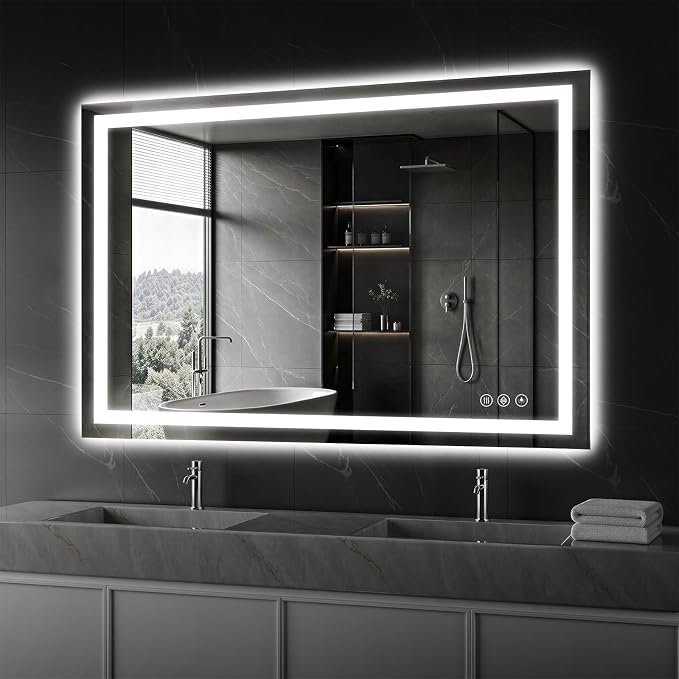Koonmi 48x36 LED Bathroom Mirror, Shatterproof Mirror with Light | 90CRI Vanity Mirror with Anti-fog Backlit + Front Lit, 3 Color, Easy Install for Bathroom Hotel (IP65)