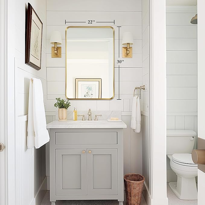 Fabuday Gold Bathroom Mirror 22x30 Inch - Rectangular Wall Mounted Mirror Over Sink, Brushed Metal Frame Bathroom Mirrors for Entryway Modern Farmhouse Decor, Horizontal or Vertical Hanging,