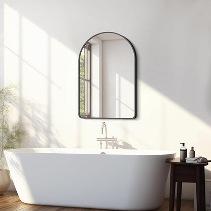 FORBATH Arched Bathroom Mirror 20x28 Inch, Bathroom Mirror Wall Mounted Modern Black Aluminum Alloy Frame Decor Dresser Mirror for Bedroom Living Room Entryway, Hanging or Leaning Against Wall