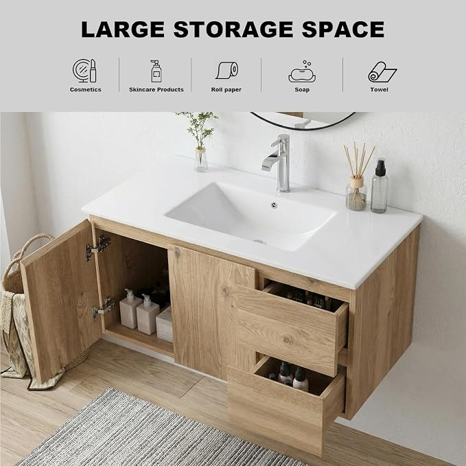 84"Modern Floating Double Sink Bathroom Vanity, Wall Mounted Bathroom Cabinet with U-Shaped Drawers, Beveled Invisible Handles Open Side Shelf, FSC Certified Wood Veneer (Wood color, 84 lnch)