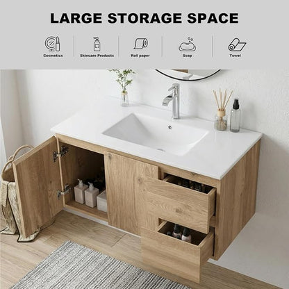84"Modern Floating Double Sink Bathroom Vanity, Wall Mounted Bathroom Cabinet with U-Shaped Drawers, Beveled Invisible Handles Open Side Shelf, FSC Certified Wood Veneer (Wood color, 84 lnch)