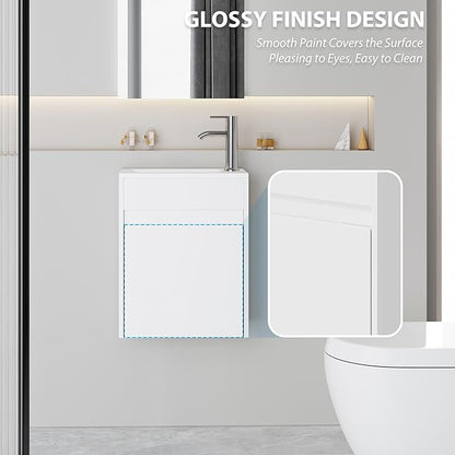 eclife 16" Small Bathroom Vanity Sink Combo, Modern Painted Wall Mounted Floating Cabinet W/Resin Basin Sink Top, Chrome Water Save Faucet & Pop Up Drain (White)