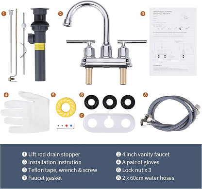 WOWOW Chrome Bathroom Faucet 3 Hole Bathroom Sink Faucet 2 Handle Faucet Centerset 4 inch Vanity Faucet Modern Water Tap with Lift Rod Drain Stopper and Supply Lines