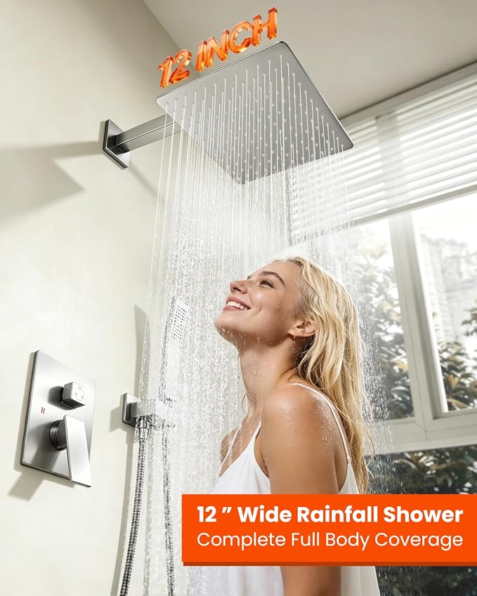 gotonovo Tub Shower Faucet Set with Valve 12'' Rain Head,Brushed Nickel | Waterfall Tub Spout Shower System,Bathtub Faucet Set,SUS304 Rain Head with Handheld,Brass Valve Trim Kit,All Metal,Wall Mount