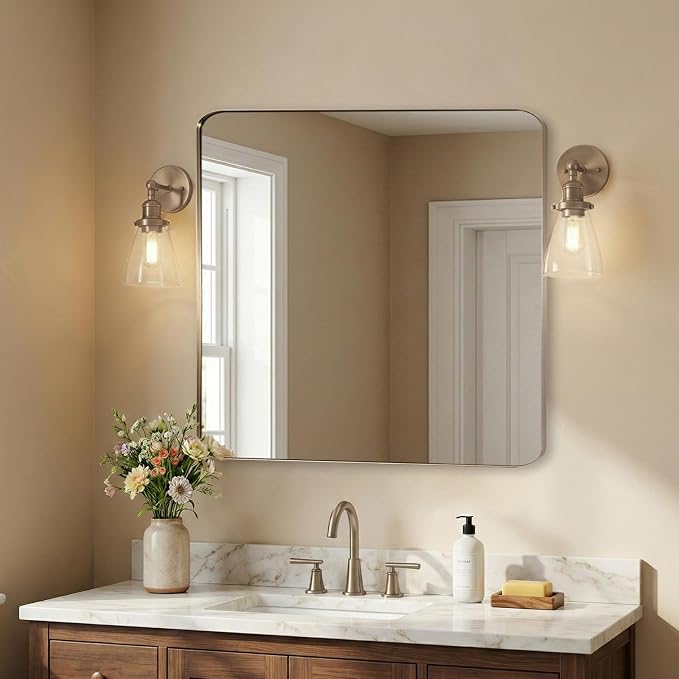 Brushed Champagne Bronze Mirrors for Bathroom Sink, 30x30 Inch Bathroom Vanity Mirror with Rectangular Metal Frame-Modern Clean Design with Superior Stainless Steel Frame