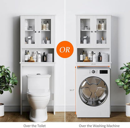 Over The Toilet Storage Cabinet for Bathroom, Storage Organizer Over Toilet, Space Saver with Tempered Glass Doors, White