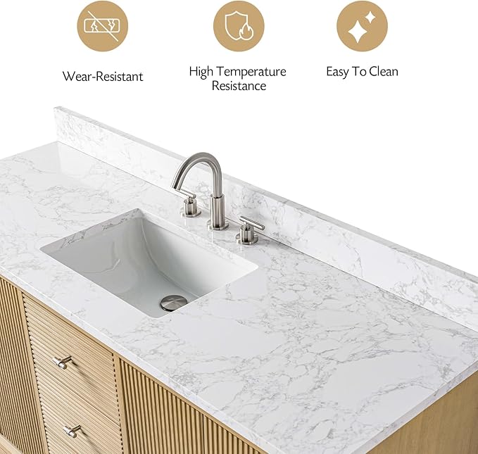 Vanity Art 60" Bathroom Vanity with Single Sink & Arabescato White Engineered Stone Top, Vanity Cabinet with Soft Closing Door, Solid Wood Frame, Golden Brushed Handles, Natural Oak VA8160S-NO-GB