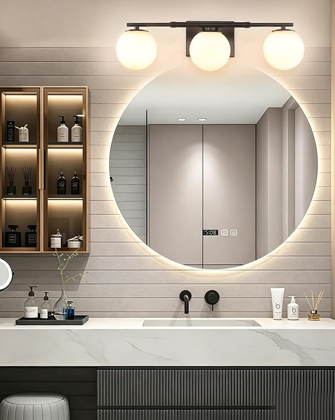 Bathroom Vanity Light Brushed Black 3T Wall Sconce for Mirror | Modern fixture Globe Glass Shade brightness, elivers even brightness. Sturdy metal resists rust. Dresser Bathroom over Mirror