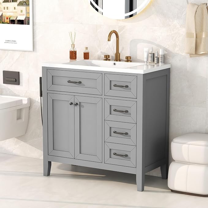 36 Inch Bathroom Vanities with Undermount Ceramic Sink, Storage Cabinet with Soft Closing Doors and Three Drawers, Solid Wood Frame, Gray
