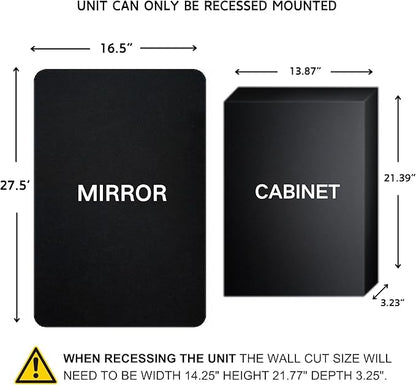 Matt Black Rectangle Recessed Bathroom Medicine Cabinet with Mirror Stainless Steel Metal Framed Rounded Rectangular Bathroom Cabinet with Mirror 16.5x27.5''