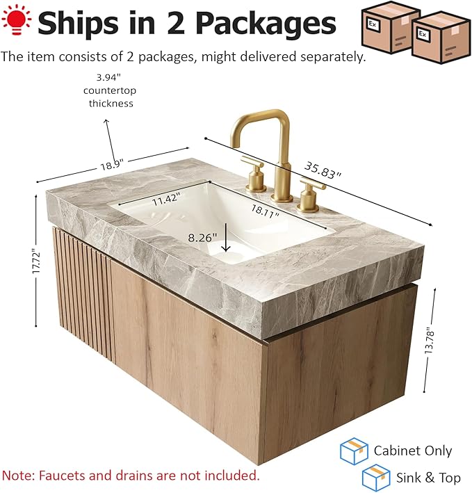 36" Floating Bathroom Vanity with Sink, Modern Plywood Storage Cabinet with Drawer and Door, Gray Sintered Stone Top and 3 Pre-drilled Faucet Holes Ceramic Basin, Pre-Assembled, Light Oak