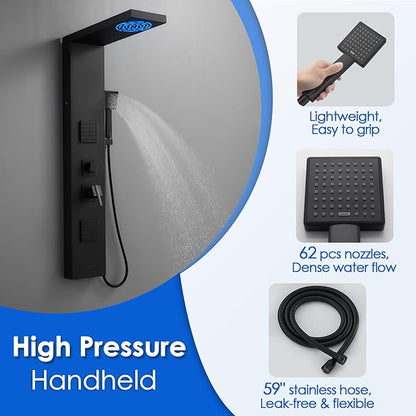 ROVOGO 46.5"H x 7.8"W Shower Panel Tower System with Led Lights, Rainfall Mist Shower Head, Body Jets, Handheld and Tub Spout, Stainless Steel Shower Column with Mixer Valve, Black