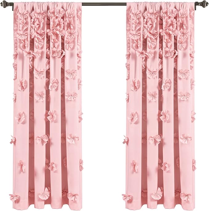 Lush Decor Riley Light Filtering Window Curtain Panel, Single 54" W x 63" L, Pink - Cute Pink Curtains for Bedroom - Bow Decor - Coquette Curtains for Windows