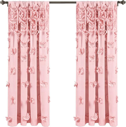Lush Decor Riley Light Filtering Window Curtain Panel, Single 54" W x 63" L, Pink - Cute Pink Curtains for Bedroom - Bow Decor - Coquette Curtains for Windows