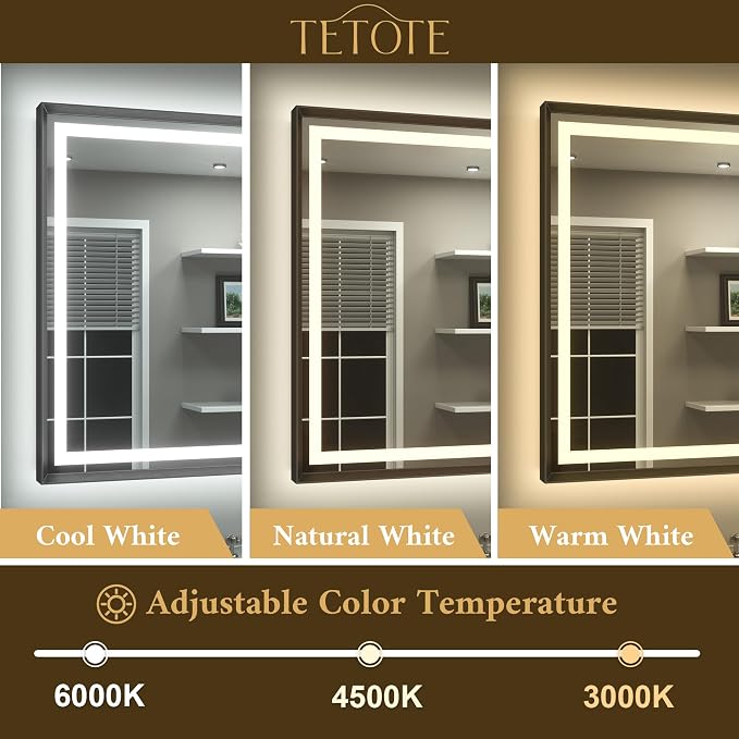 Led Bathroom Mirror 30 x 30 with Brushed Black Frame Anti-Fog Frontlit & Backlit Vanity Mirror Stepless Dimmable Lighted Mirrors for Bathroom Wall 3 Colors White/Warm/Natural Wall-Mounted