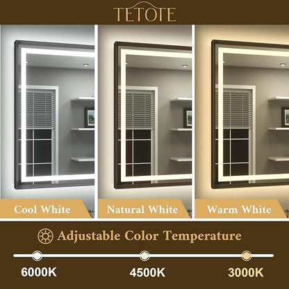 Led Bathroom Mirror 40 x 24 with Brushed Black Frame Anti-Fog Frontlit & Backlit Vanity Mirror Stepless Dimmable Lighted Mirrors for Bathroom Wall 3 Colors White/Warm/Natural Wall-Mounted