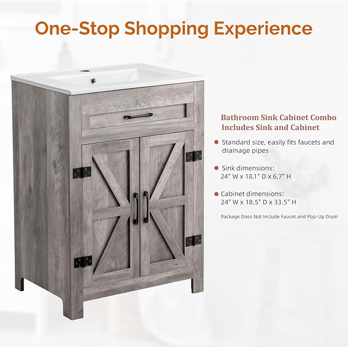 VINGLI 24" Farmhouse Bathroom Vanity with Sink, Undermount Vanity Sink Cabinet with Barn Door &Shelf,Free Standing Small Bathroom Storage Cabinet with Single Hole Ceramic Basin Combo Set,Washed Gray